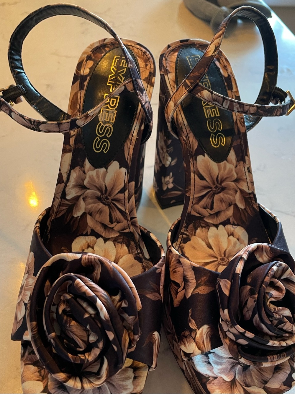 Express Brown Floral Platform Sandals with Rose Accent. Item #11571